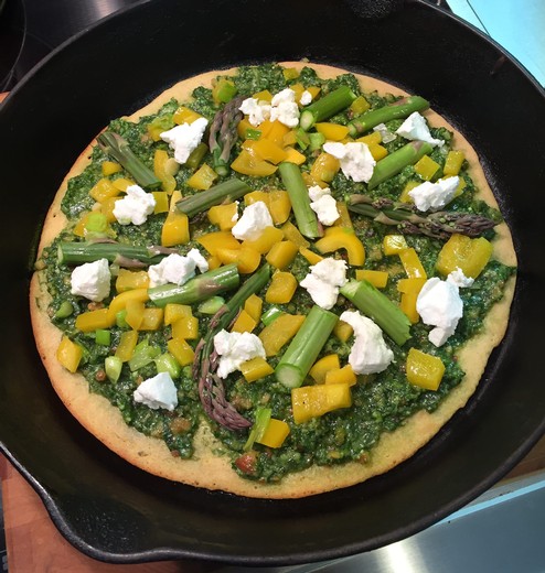 Socca Pizza with Ramp Pesto & Goat Cheese